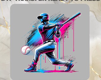 May include: A DTF transfer design featuring a baseball player in action, swinging a bat. The illustration uses a vibrant color scheme of blue, pink, and white against a gray background. The text "DTF TRANSFER READY TO PRESS" is at the top.