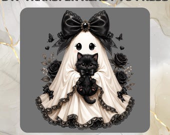 May include: A DTF TRANSFER READY TO PRESS graphic featuring a white ghost draped in fabric with a large black bow, holding a fluffy black kitten. The design includes black lace trim, black roses, small butterflies, and hearts on a gray background.
