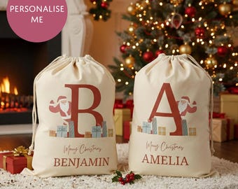 Saco de Papá Noel personalizado con inicial y nombre - Bolsa de regalo de Nochebuena con monograma - Saco de regalo de Navidad de algodón reutilizable - Para niños y adultos
