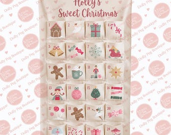 May include: A cream-colored fabric advent calendar hanging from a wooden rod, featuring the text Holly's Sweet Christmas and twenty-four numbered pockets. Each pocket displays a unique holiday-themed illustration, including gingerbread, gifts, and candy.