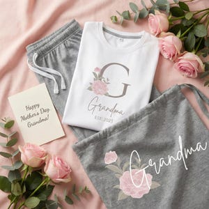 Personalised Cotton Pyjama Set with Travel Bag – Short Sleeve & Long Trousers – Floral Date Design – Gift for Her