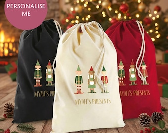 Personalised Santa Sack - Three Elves Design - Christmas Eve Present Bag with Name - Reusable Cotton Xmas Gift Sack for Kids - 4 Sizes