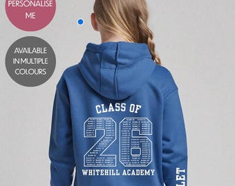 Gepersonaliseerde hoodie voor schoolverlaters - aangepaste uniseks universiteitsafstudeertrui - voeg je klasnamen toe - bubbel