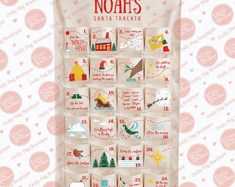 Gepersonaliseerde stoffen adventskalender 2026 - Santa Tracker-design - Herbruikbare kerstkalender met 24 vakjes voor aan de muur - Handgemaakt aandenken