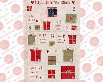 May include: A cream-colored fabric advent calendar hanging from a wooden rod, titled MILO'S CHRISTMAS TREATS. It features twenty-four numbered pockets decorated with red and green gift box graphics, paw prints, and festive text like On the NICE list.