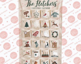 May include: A cream-colored fabric Christmas calendar hanging from a wooden rod. It features the text The Fletchers' CHRISTMAS CALENDAR and twenty-four numbered pockets, each decorated with unique holiday-themed illustrations like a tree, deer, and gifts.
