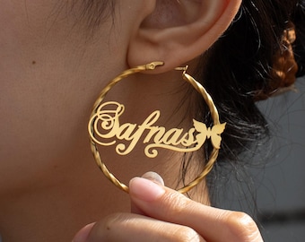 Custom Name Twisted Hoop Earrings, 4 Decor Styles Personalized Round Hoops, 4 Sizes & 3 Stainless Steel Finishes For Women