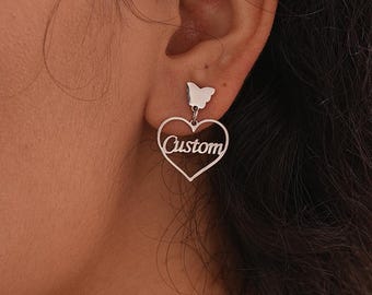 Custom Name Hollow Heart Dangle Earrings, Butterfly Stud Drop Earrings, 3 Stainless Steel Metal Finishes For Women