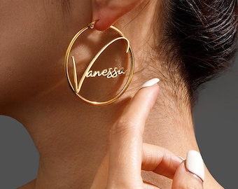 Custom Signature Name Hoop Earrings, Large Round Personalized Huggie Hoops, 4 Sizes & 3 Stainless Steel Finishes For Women