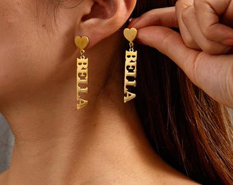Custom Vertical Gothic Name Dangle Earrings, Solid Heart Top Drop Earrings, 3 Stainless Steel Metal Finishes For Women