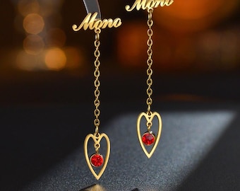 Custom Name Long Chain Drop Earrings, Red Crystal Hollow Heart & Rhombus Dangle Earrings, 3 Stainless Steel Metal Finishes For Women