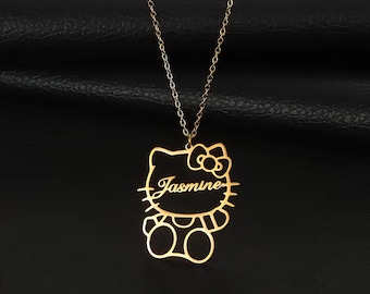 Custom Cute Kitty Name Necklace, Cat Face with Name Pendant, Mother's Day Gift, Cat Lover's Jewelry, Pet Lover Gift, Kitty Face Name Pendant