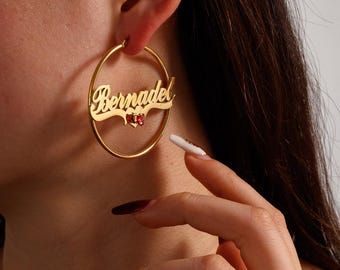 Custom Name Red Heart Crystal Hoop Earrings & Pendant Set, Convertible Name Jewelry, 4 Sizes, 2 Stainless Steel Finishes For Women