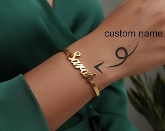 Custom Name Cuff Bracelet, Personalized Gold Name Bangle, 18K Plated Stainless Steel, Bridesmaid Gift for Her, Adjustable Jewelry for Mom