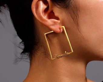 Custom Script Name Square Hoop Earrings, 4cm Large Open Rectangle Hoops, 2 Stainless Steel Metal Finishes For Women Statement Jewelry