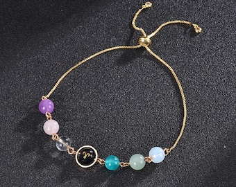 12 Constellation Beaded Bracelets,Natural Stone Solar System Eight Planets,adjustable bracelet, 18K Gold Plated Bracelets, birthday gift