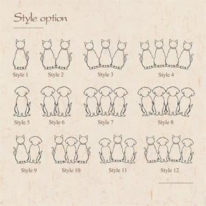 May include: A beige illustration featuring various cat and dog designs labeled "Style option." The image showcases twelve different styles, each depicting a varying number of cats or dogs in a line, with the style number below each design.
