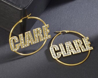 Custom Name Rhinestone Hoop Earrings, Paved Crystal Letter Large Circle Hoops, 3 Stainless Steel Metal Finishes For Women