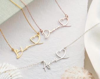 Personalized Handwriting Name Necklace: Stainless Silver Heart,Custom 14K Gold, Personalized Name Necklace With Heart Necklace, Gift For Her