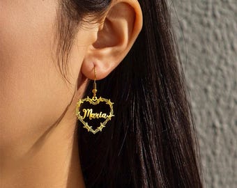 Custom Name Barbed Wire Heart Dangle Earrings, Hollow Thorn Frame Fish Hook Drop Earrings, 3 Stainless Steel Metal Finishes For Women