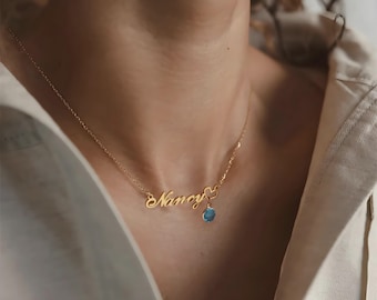 Personalized Gold - Plated Name Necklace with Birthstone Pendant, Customizable Jewelry for Women, Ideal Gift for Occasions