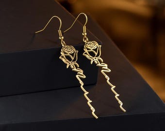 Custom Birth Flower Name Dangle Earrings, 12 Monthly Floral Outline Drop Earrings, 3 Stainless Steel Metal Finishes For Women
