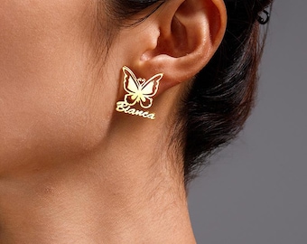 Custom Name Hollow Butterfly Stud Earrings, Personalized Script Butterfly Post Earrings, 3 Stainless Steel Metal Finishes For Women