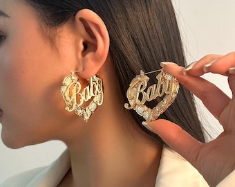 Custom Name Bamboo Hoop Earrings, Heart/Round/Triple Frame Big Hoops, 3 Sizes & 3 Metal Finishes For Women