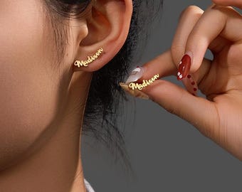 Custom Horizontal Script Name Stud Earrings, Minimal Flat Name Post Earrings, 2 Stainless Steel Metal Finishes For Women