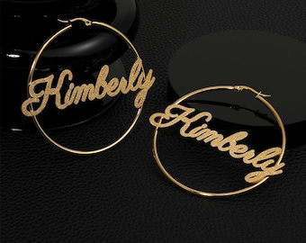 Custom Sand Finish Name Hoop Earrings With Tiny Heart Detail, Personalized Text Circle Hoops, 3 Stainless Steel Metal Finishes For Women