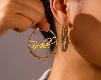 Custom Script Name Mesh Hoop Earrings, 40mm Large Circle Snap Huggie Hoops, 2 Titanium Steel Finishes For Women