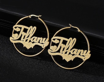 Custom Cursive Name Hoop Earrings With Heart Accent, Personalized Text Circle Hoops, 2 Surface Finishes & 3 Metal Tones For Women