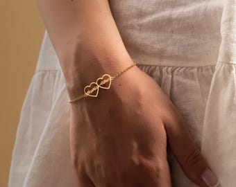 Customized Double Name Heart Bracelet, Custom Name Couple Bracelet, Sterling Silver Double Heart Bracelet, Personalized Gifts for Women