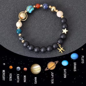 May include: A bracelet with a planetary theme, featuring black matte beads, gold accents, and colourful planet beads. A gold star and a Pisces charm dangle from the bracelet. A diagram of the solar system is in the background.