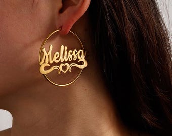 Custom Script Name Heart Detail Hoop Earrings, Large Round Personalized Huggie Hoops, 4 Sizes & 3 Stainless Steel Finishes For Women