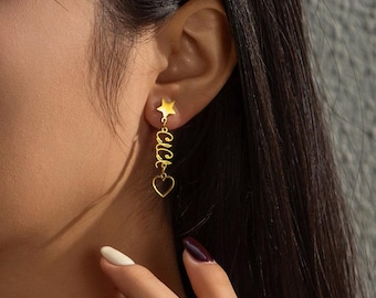 Custom Vertical Name Long Dangle Earrings, Star & Hollow Heart Tier Drop Earrings, 3 Stainless Steel Metal Tones For Women