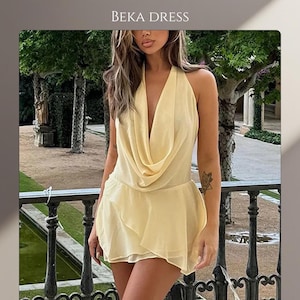 Elegant Backless Halter Ruffle Mini Dress—Summer Date Night Dress in Yellow, Red, or Black—Sexy Deep Neck Flow Fit Design