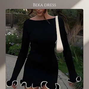 Elegant Ruffle Hem Long Sleeve Mini Dress, Sexy Stretch Bodycon Cocktail Dress, Figure-Flattering Modern Party Outfit