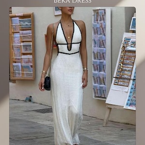 Sexy Crochet Knit Maxi Dress with Plunge Halter Neckline—Summer Beach Resort Outfit, Boho Vacation Style, Lightweight Mesh Cover-Up