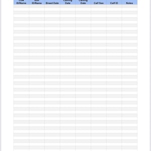 May include: A white paper titled "Cattle Breeding and Calving Tracker" with a blue header. The header includes column titles: Cow ID/Name, Bull ID/Name, Breed Date, Expected Calving Date, Actual Calving Date, Calf Sex, Calf ID, and Notes. The rest of the page is a grid.