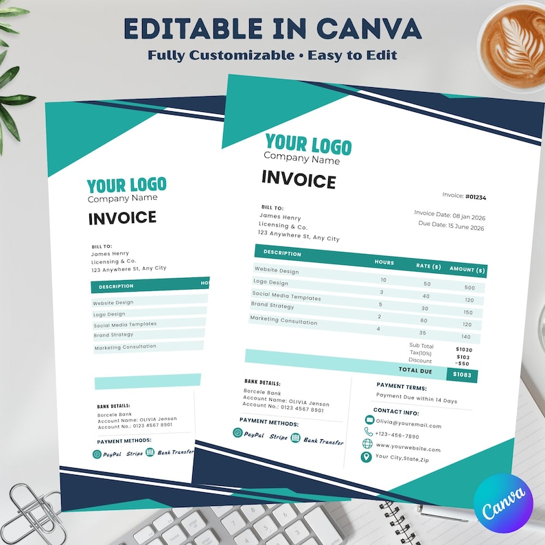Editable Canva Invoice Template for Freelancers and Small Business ...