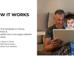 May include: An image shows a man and a child looking at a laptop. The text "HOW IT WORKS" is at the top, with instructions on how to create a website using Canva. The steps include opening a template, customizing it, and publishing the website.