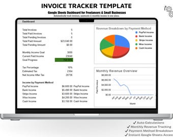 Google Spreadsheets-factuursjabloon voor kleine bedrijven | Geautomatiseerd inkomstendashboard en betalingstracker | Direct downloaden