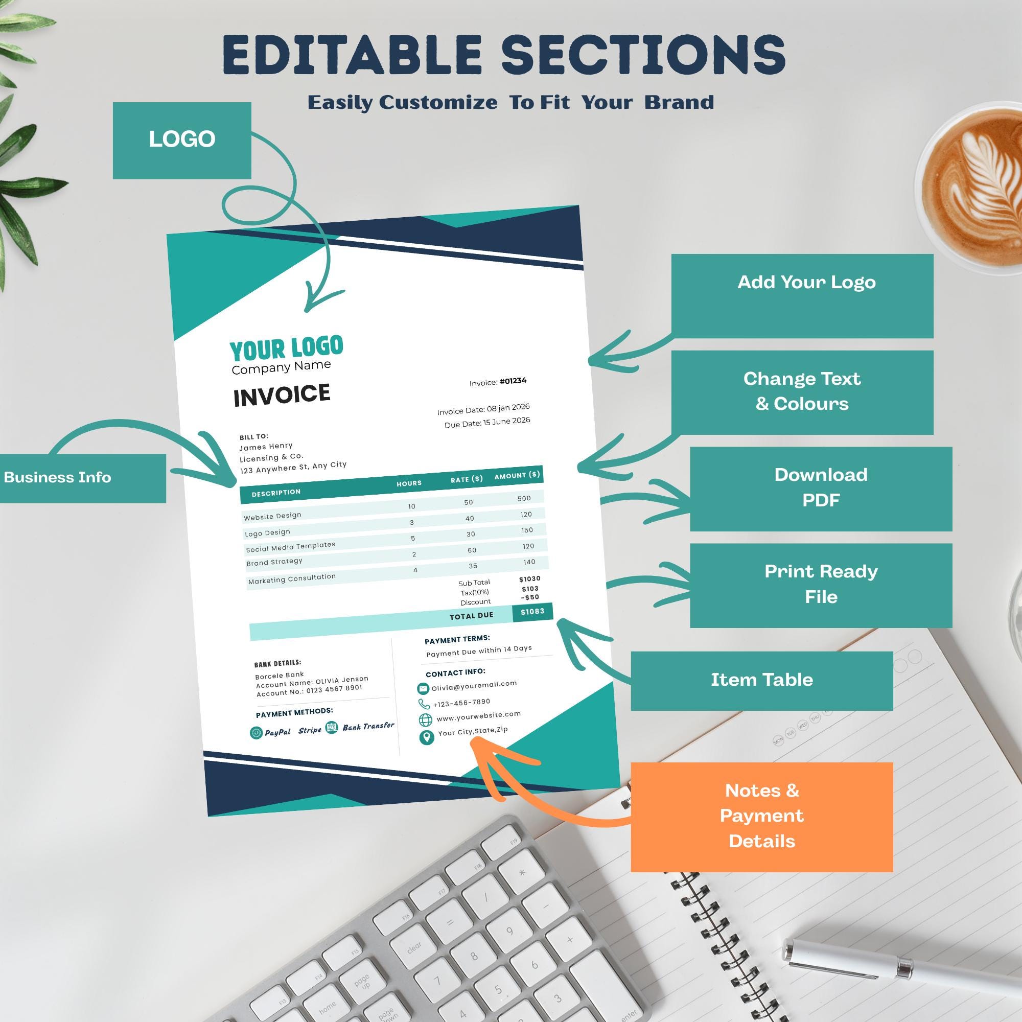 Editable Canva Invoice Template for Freelancers and Small Business ...