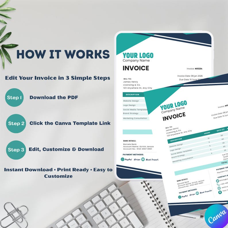 Editable Canva Invoice Template for Freelancers and Small Business ...