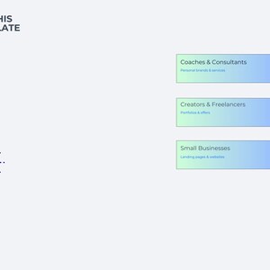 May include: A light gray graphic with the text "USE THIS TEMPLATE FOR". Below are three rectangular boxes with text: "Coaches & Consultants", "Creators & Freelancers", and "Small Businesses". A dotted starburst is in the corner.