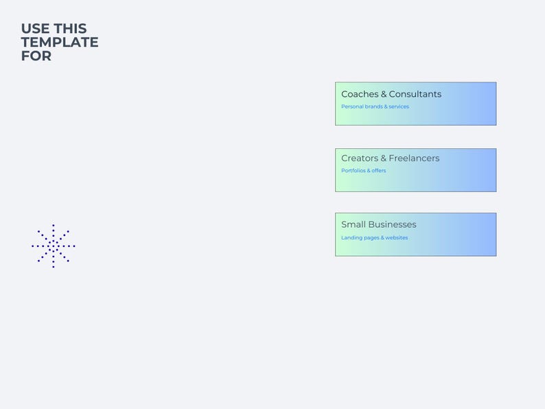 May include: A light gray graphic with the text "USE THIS TEMPLATE FOR". Below are three rectangular boxes with text: "Coaches & Consultants", "Creators & Freelancers", and "Small Businesses". A dotted starburst is in the corner.