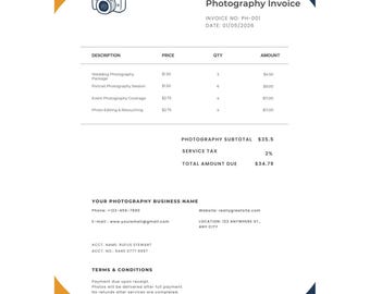 Fotografie Factuur Factuurdocument voor Canva | Bewerkbaar betalingsbestand voor fotografen