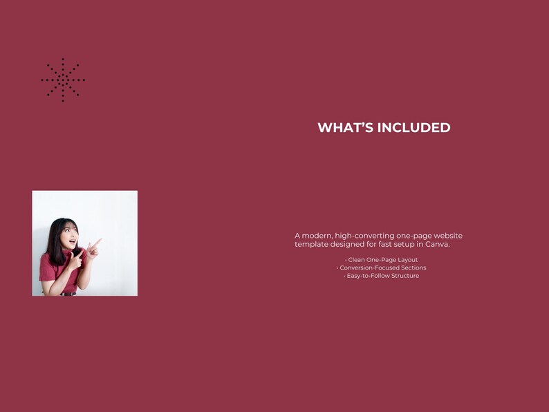 May include: A maroon background with the text "WHAT'S INCLUDED" in white. A woman in a red shirt points to the right. The text below describes a website template with a clean layout and conversion-focused sections.