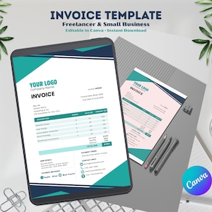 May include: A digital invoice template for freelancers and small businesses. The invoice is displayed on a tablet and a printed sheet, both featuring a teal and white design. The text includes "Invoice Template," "Your Logo," and "Invoice," with fields for details and payment information.